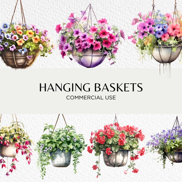 Hanging Basket Watercolour Clipart Bundle, 16 Transparent PNG 300 dpi, Cute Flower Display, Plant Pots, Digital Download, Commercial Use