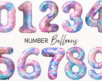 Mermaid Themed Number Balloons Clipart Bundle, 10 Transparent PNG 300 dpi, Mermaid Birthday Balloon Art, Digital Download, Commercial Use