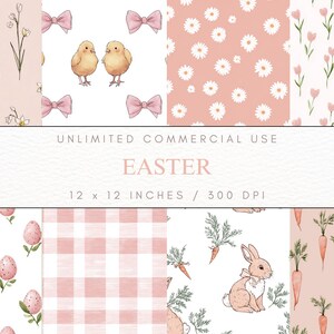 Könnte beinhalten: Eine Sammlung digitaler Papiere zum Thema Ostern mit verschiedenen Mustern. Designs umfassen Küken, Schleifen, Gänseblümchen, Tulpen, Eier, Vichy-Karo, Karotten und ein Kaninchen. Der Text lautet „UNBEGRENZTE KOMMERZIELLE NUTZUNG“ und „OSTERN“ mit 30,48 x 30,48 cm bei 300 DPI.
