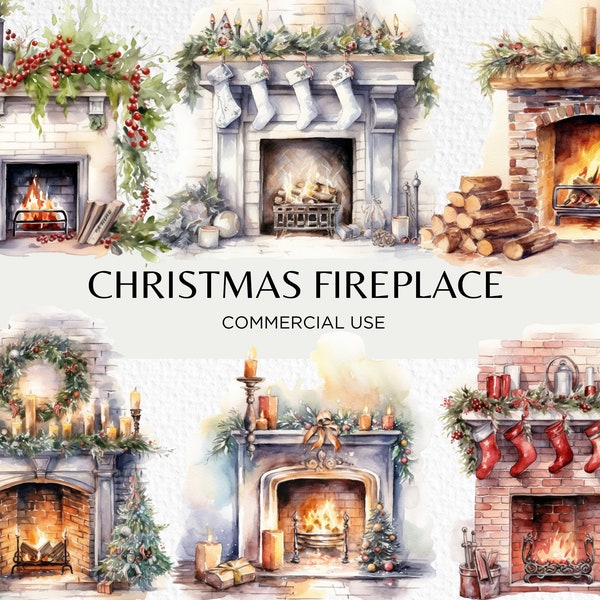 Christmas Fireplace Watercolour Clipart Bundle, 20 Transparent PNG 300 dpi, Cosy Fire, Christmas Hearth, Digital Download, Commercial Use