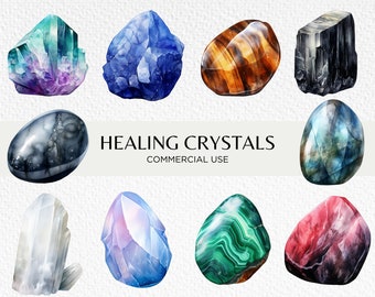Healing Crystals Watercolour Clipart Bundle, 20 Transparent PNG 300 dpi, Tumbled Gemstones, Raw Crystal, Digital Download, Commercial Use
