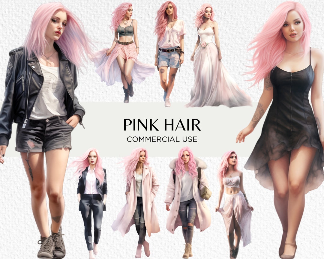 Watercolour Pink Hair Clipart Bundle, 16 Transparent PNG 300 Dpi, Cute ...