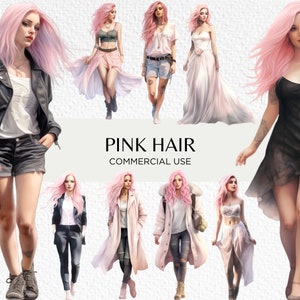 Pacchetto Clipart capelli rosa acquerello, 16 PNG trasparente 300 dpi, Cute Fashion Woman With Pink Hairstyle, Download digitale, Uso commerciale