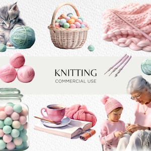 Bundle de cliparts aquarelle tricot, 18 PNG transparents 300 dpi, articles tricotés confortables, jolie pelote de laine et de laine, téléchargement numérique, usage Commercial