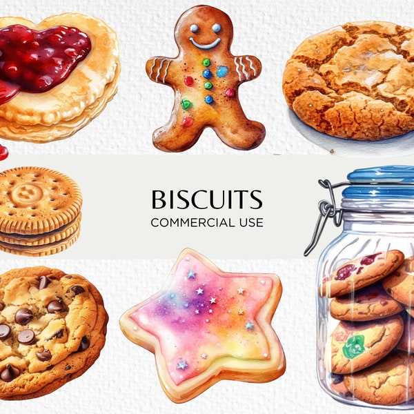 Biscuits Watercolour Clipart Bundle, 18 Transparent Isolated PNG 300 dpi, Biscuit Jar, Chocolate Cookies, Digital Download, Commercial Use