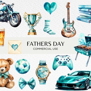 Vaderdag Aqua Blue aquarel clipart bundel, 20 transparante PNG 300 dpi, sportwagen, BBQ, grootste vader, digitale download commercieel gebruik