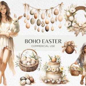 Boho Pascua Acuarela Clipart, 20 PNG transparente 300 dpi, Mini Huevos Rústicos, Tulipanes, Lindo Conejito de Pascua, Descarga Digital Uso Comercial