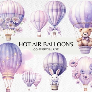 Lindos globos aerostáticos lilas en acuarela, 20 PNG transparentes de 300 ppp, osito de peluche en globo aerostático, descarga digital, uso comercial
