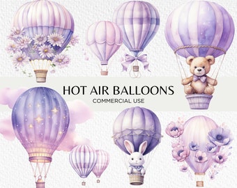 Cute Lilac Hot Air Balloons Watercolour Clipart, 20 Transparent PNG 300 dpi, Teddy Bear In Hot Air Balloon, Digital Download, Commercial Use