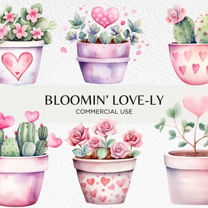 Vasos de flores fofos para namorados em aquarela, 20 PNG transparentes 300 dpi, flores de coração, rosas cor de rosa, download digital, uso comercial