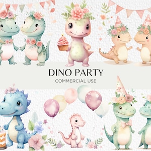 Clipart aquarelle fête dinosaure, 20 PNG transparents 300 dpi, dinosaures pastel, fête sur le thème Dino mignon, téléchargement numérique, usage Commercial