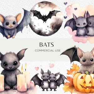 Nietoperze akwarelowe Clipart Bundle, 18 przezroczystych PNG 300 dpi, słodki nietoperz, upiorny Halloween Clip Art Latający nietoperz, cyfrowe pobieranie Komercyjne użycie