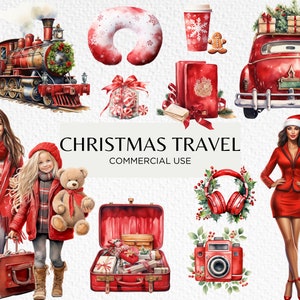 Clipart aquarelle de voyage de Noël, 20 PNG Transparent 300dpi, vacances d'hiver mignonnes, pause de Noël au pôle Nord, téléchargement numérique à usage Commercial