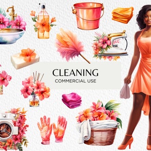 Cute Cleaning Clipart, Tropical Spring Clean, 20 Transparent PNG 300 dpi, Cleaner, Laundry, Housekeeping, Digital Download, Commercial Use