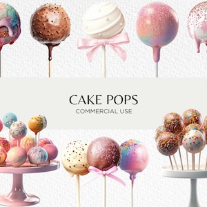 Paquete de imágenes prediseñadas de acuarela Cakepops, 20 PNG aislado transparente 300 ppp, lindos pops de pastel rosa chocolate, descarga digital, uso comercial