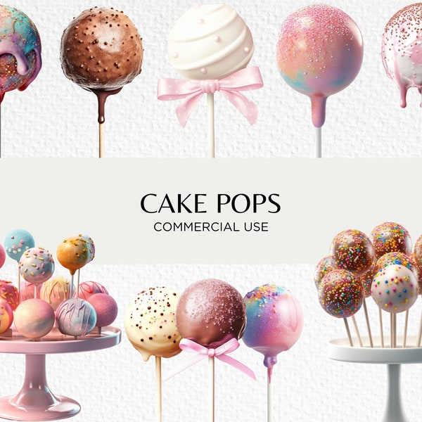 Cakepops Watercolour Clipart Bundle, 20 Transparent Isolated PNG 300 dpi, Cute Chocolate Pink Cake Pops, Digital Download, Commercial Use