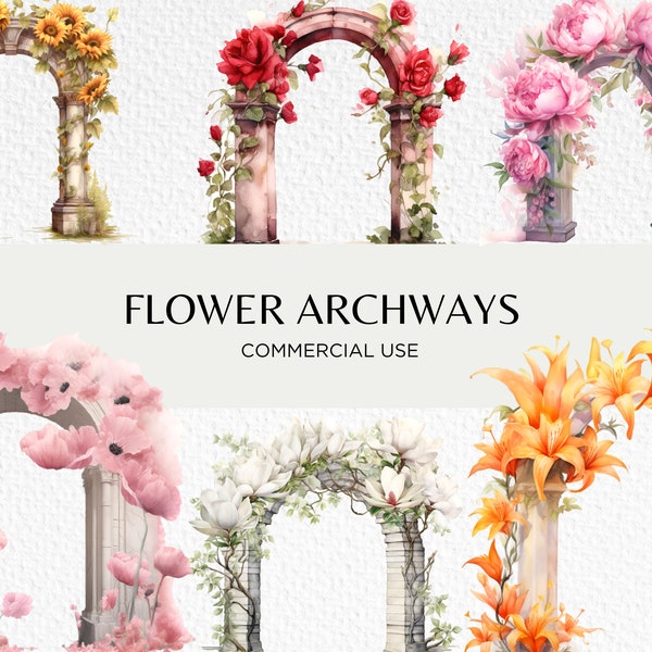 Flower Archway Watercolour Clipart Bundle, 18 Transparent PNG 300 dpi, Floral Archways, Stone Arch, Digital Download, Commercial Use