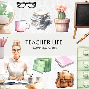 Lehrer Leben Aquarell Clipart Bundle, 24 transparente PNG 300 dpi, süße Lehrer Girly Klassenzimmer Grafiken, digitaler Download kommerzielle Nutzung