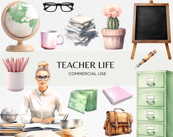 Teachers Life Watercolour Clipart Bundle, 24 Transparent PNG 300 dpi, Cute Teacher Girly Classroom Graphics, Digital Download Commercial Use