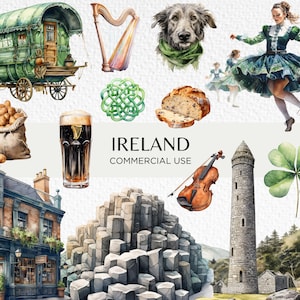Clipart acquerello irlandese, 20 PNG trasparenti 300 dpi, Guiness, stufato irlandese, danza irlandese, viaggio in Irlanda, download digitale uso commerciale