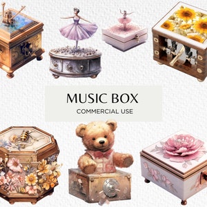 Paquete de imágenes prediseñadas de caja de música de acuarela, 18 PNG transparente aislado 300 ppp, cajas musicales de madera florales lindas, uso comercial de descarga digital
