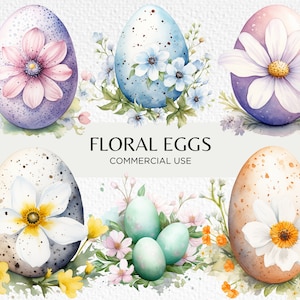 Clipart de acuarela de huevos florales, 20 PNG transparentes de 300 ppp, huevo de Pascua pastel, huevos moteados. Flores, descarga digital, uso comercial.