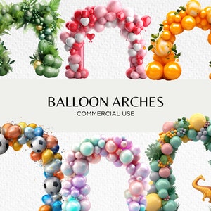 Bundle de cliparts aquarelle arche de ballons, 18 PNG transparents 300 dpi, soirée à thème, ballons de célébration, téléchargement numérique, usage commercial