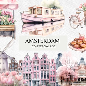 Amsterdam Travel Watercolor Clipart Bundle, 20 PNG transparente 300 dpi Cute City Break, Amsterdams Canales, Descarga digital, Uso comercial