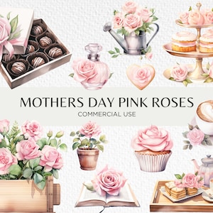 Muttertag rosa Rosen Aquarell Clipart, 20 transparente PNG 300 dpi, süße rosa Blumen, Chocolate Box, digitaler Download, kommerzielle Nutzung