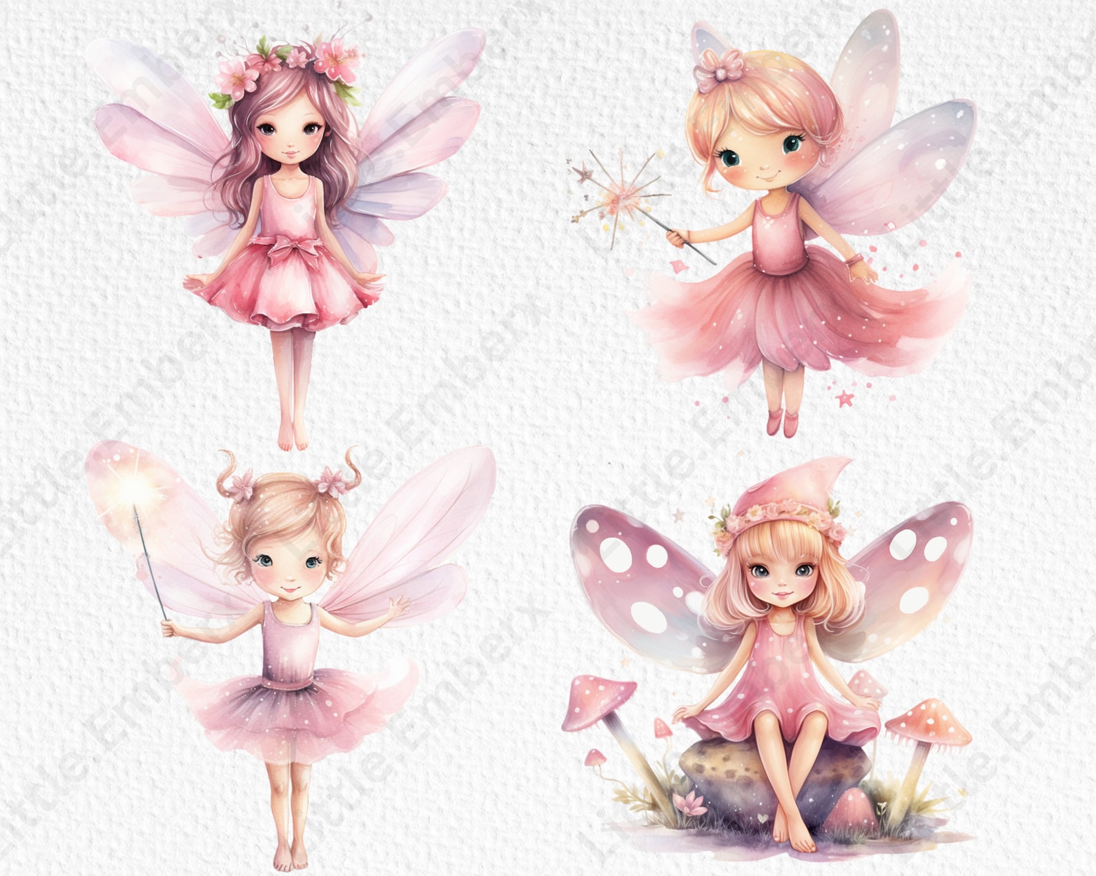 Pink Fairy Garden Watercolour Clipart, 25 Transparent PNG 300 Dpi, Cute ...