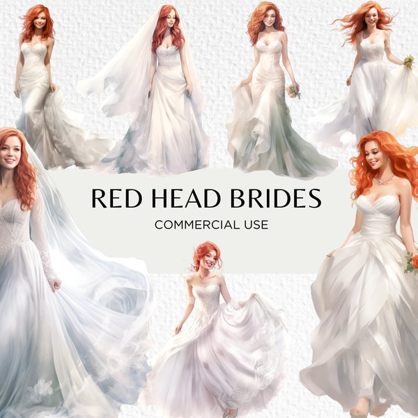 Redhead Brides Watercolour Clipart Bundle, 18 Transparent PNG 300 dpi, Bride With Red Hair, Wedding Art, Digital Download, Commercial Use