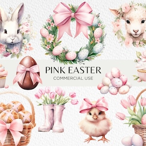 Rosa Ostern Aquarell Clipart, 20 transparente PNG 300 dpi, Pastell Mini Eier, Tulpen, süßer Osterhase, digitaler Download, kommerzielle Nutzung