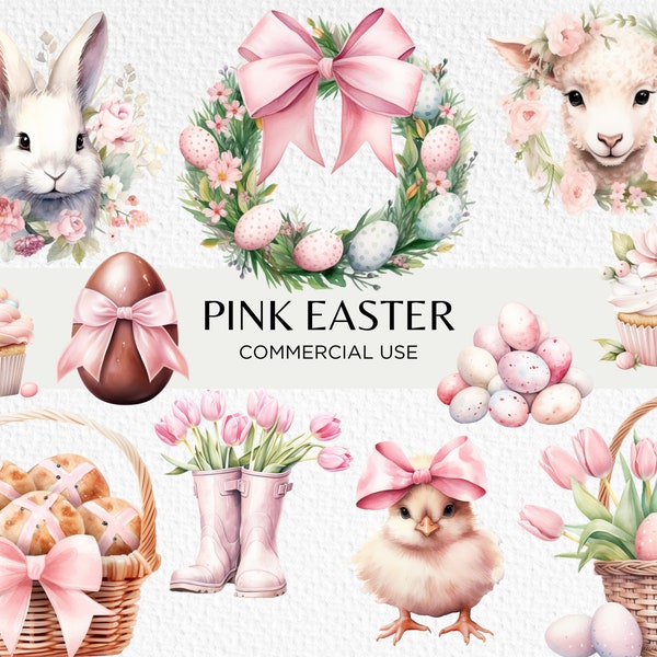 Pink Easter Watercolour Clipart, 20 Transparent PNG 300 dpi, Pastel Mini Eggs, Tulips, Cute Easter Bunny, Digital Download, Commercial Use