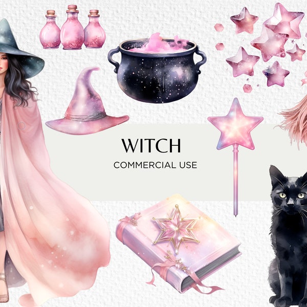 Witches Watercolour Clipart Bundle, 16 Transparent PNG 300 dpi, Cute Pink Witch Graphics, Girly Witch, Digital Download, Commercial Use