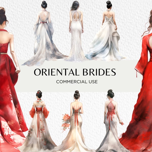 Oriental Brides Watercolour Clipart Bundle, 18 Transparent PNG 300 dpi, Pretty Chinese Bride From Behind, Digital Download, Commercial Use