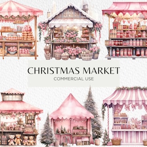 Clipart de acuarela de mercado navideño rosa, 20 PNG transparentes de 300 ppp, lindo puesto navideño, escena de invierno, descarga digital, uso comercial
