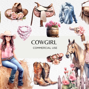 Cute Cowgirl Aquarel Clipart Bundel, 18 Transparante PNG 300 dpi, Wild West, Pastel Pink Western, Paarden, Digitale Download Commercieel Gebruik
