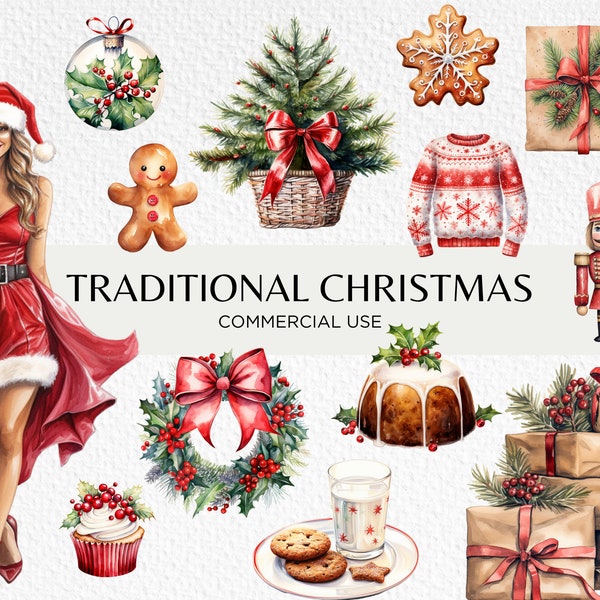 Traditional Christmas Watercolour Clipart, 20 Transparent PNG 300dpi, Cute Red Xmas Graphics, Vintage Retro, Digital Download Commercial Use