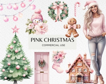 Cute Pink Christmas Watercolour Clipart, 20 Transparent PNG 300 dpi, Girly Pastel Xmas Graphics, Pinkmas, Digital Download, Commercial Use