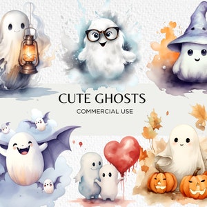 Cute Ghosts Aquarel Clipart Bundel, 18 Transparante PNG 300 dpi, Halloween Ghost, Spooky Clip Art, Digitale Download, Commercieel Gebruik