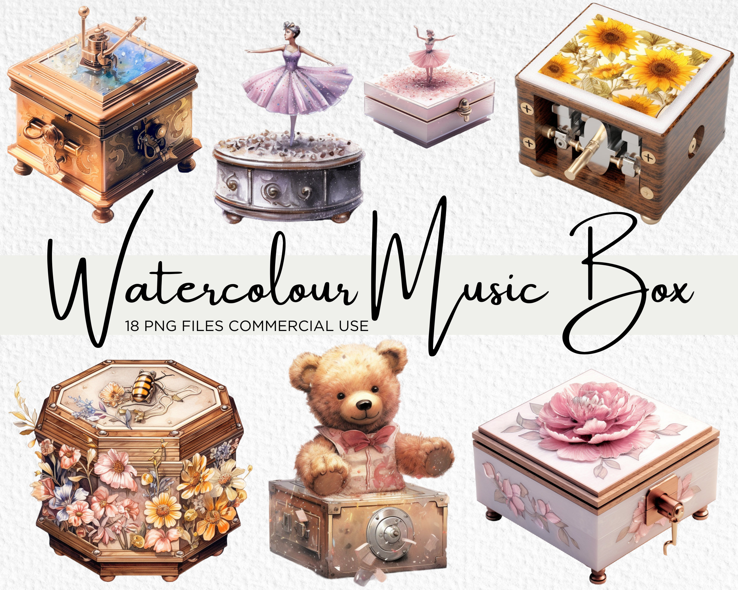 Paquete de imágenes prediseñadas de caja de música de Etsy México