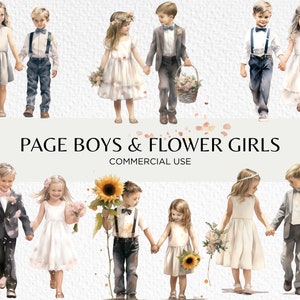 Seite Jungen Und Blumenmädchen Aquarell Clipart Bundle, 18 transparente PNG Bilder 300 dpi, Hochzeit Grafiken, digitaler Download, kommerzielle Nutzung