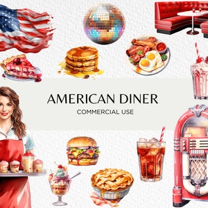 American Diner Watercolour Clipart Bundle, 24 Transparent PNG 300 dpi, Vintage Diners, Retro Food Diner, Digital Download, Commercial Use