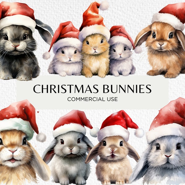 Cute Christmas Bunnies Clipart, 20 Transparent PNG 300dpi, Baby Rabbit Wearing Santa Hats, Christmas Animal, Digital Download Commercial Use