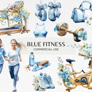 Blau Fitness Aquarell Clipart, 20 transparente PNG 300 dpi, niedliche Fitnessgeräte, Pastellübung, Workout, digitaler Download, kommerzielle Nutzung