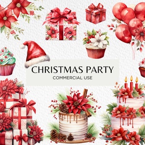 Clipart aquarela de festa de Natal, 20 PNG transparentes 300 dpi, festa vermelha, celebrações festivas, ano novo, download digital, uso comercial