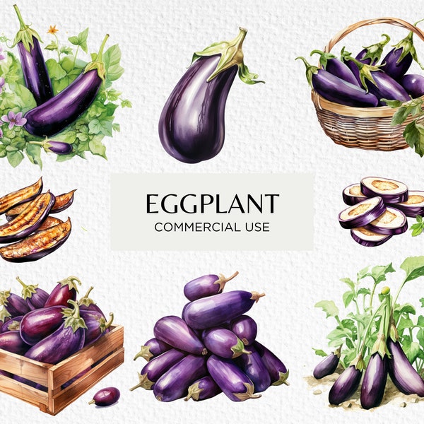 Eggplant Watercolour Clipart Bundle, 10 Transparent PNG 300 dpi, Aubergine, Vegan Kitchen Garden Veggies, Digital Download, Commercial Use