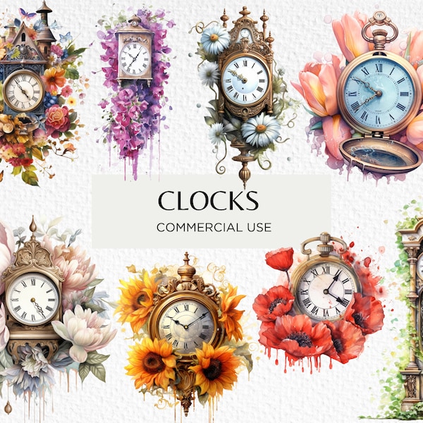 Watercolour Floral Vintage Clocks Clipart Bundle, 18 Transparent PNG 300 dpi, Antique Grandfather Clock,  Digital Download, Commercial Use