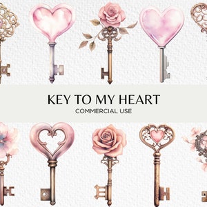 Schlüssel Aquarell Clipart, 10 transparente PNG 300 dpi, romantische Liebe Grafiken, Herzschlüssel, Valentinstag Schlüssel, digitaler Download, kommerzielle Nutzung
