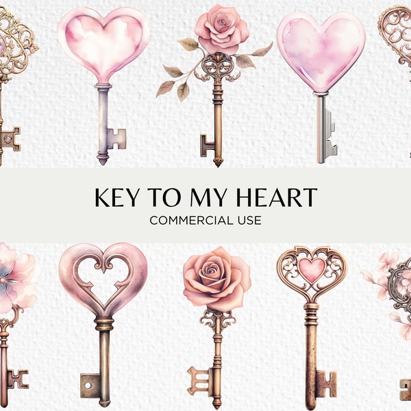 Keys Watercolour Clipart, 10 Transparent PNG 300 dpi, Romantic Love Graphics, Heart Key, Valentines Key, Digital Download, Commercial Use